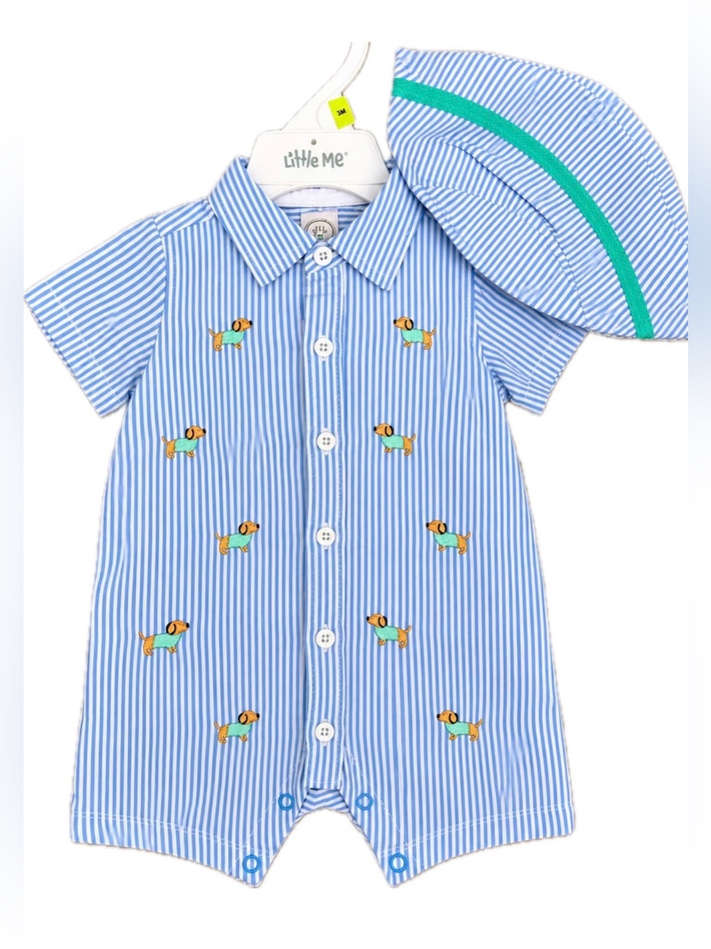 Little Me Blue and White Striped Puppy Romper with Matching Hat